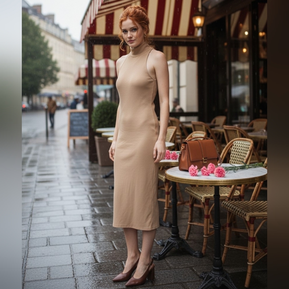 Banana Republic Tan Sleeveless Ribbed Midi Dress With Turtleneck